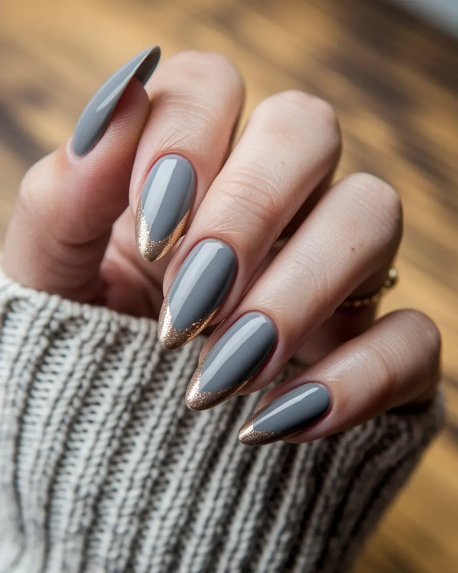 august nails color fall Stormy Gray with Copper Glitz Tips