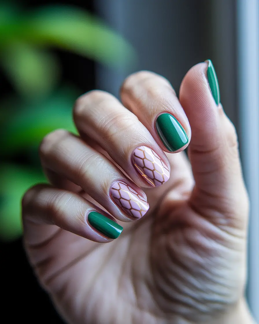 august nails two colors Emerald Green Meets Rose Gold Netting