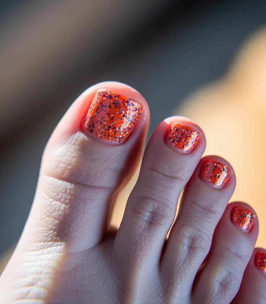 august toe nails 2025 Fiery Glitter Orange with Confetti Sparkle