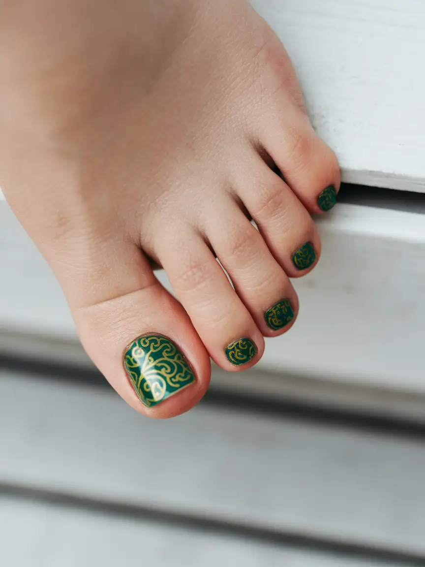 august toe nails 2025 Green with Golden Filigree