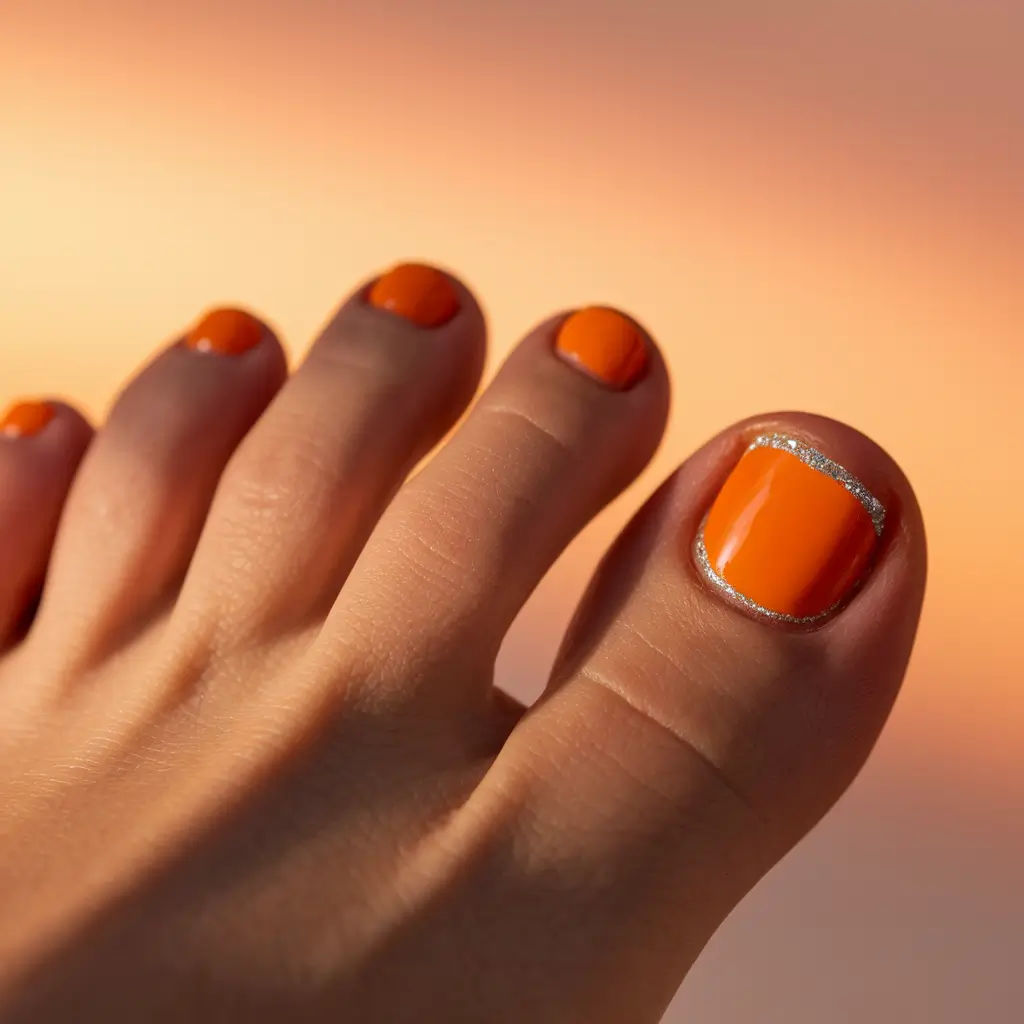 august toe nails designs Orange Sunset with Silver Halo