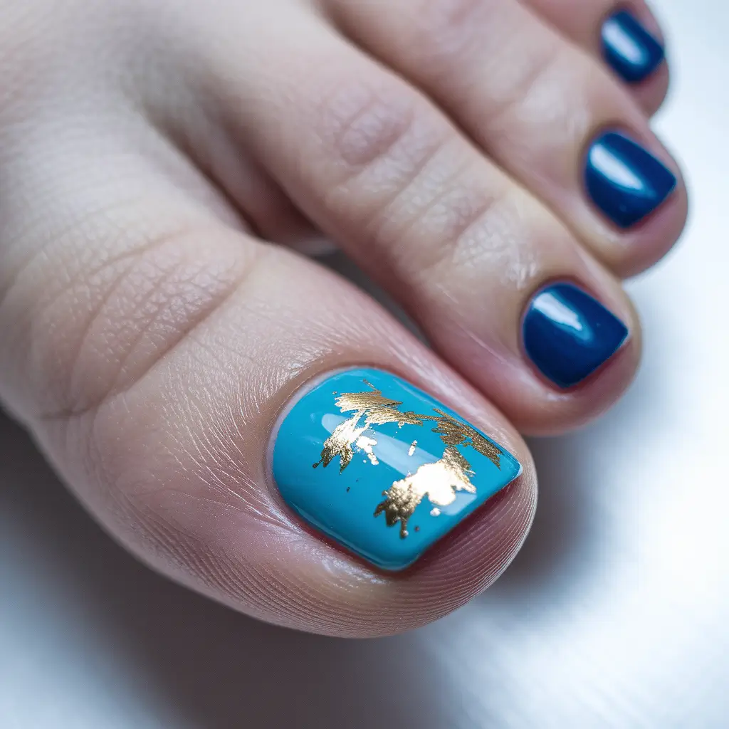 august toe nails color Ocean Teal with Foil Gold Accent