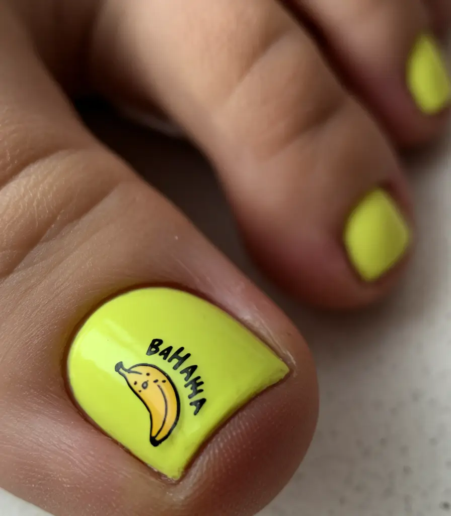 august toe nails ideas Banana Yellow with Graphic Fruit Accent