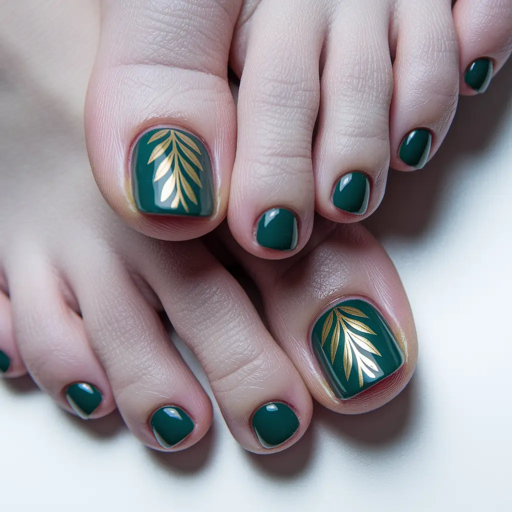 toe nails for august 2025 Forest Green with Golden Leaf Detail