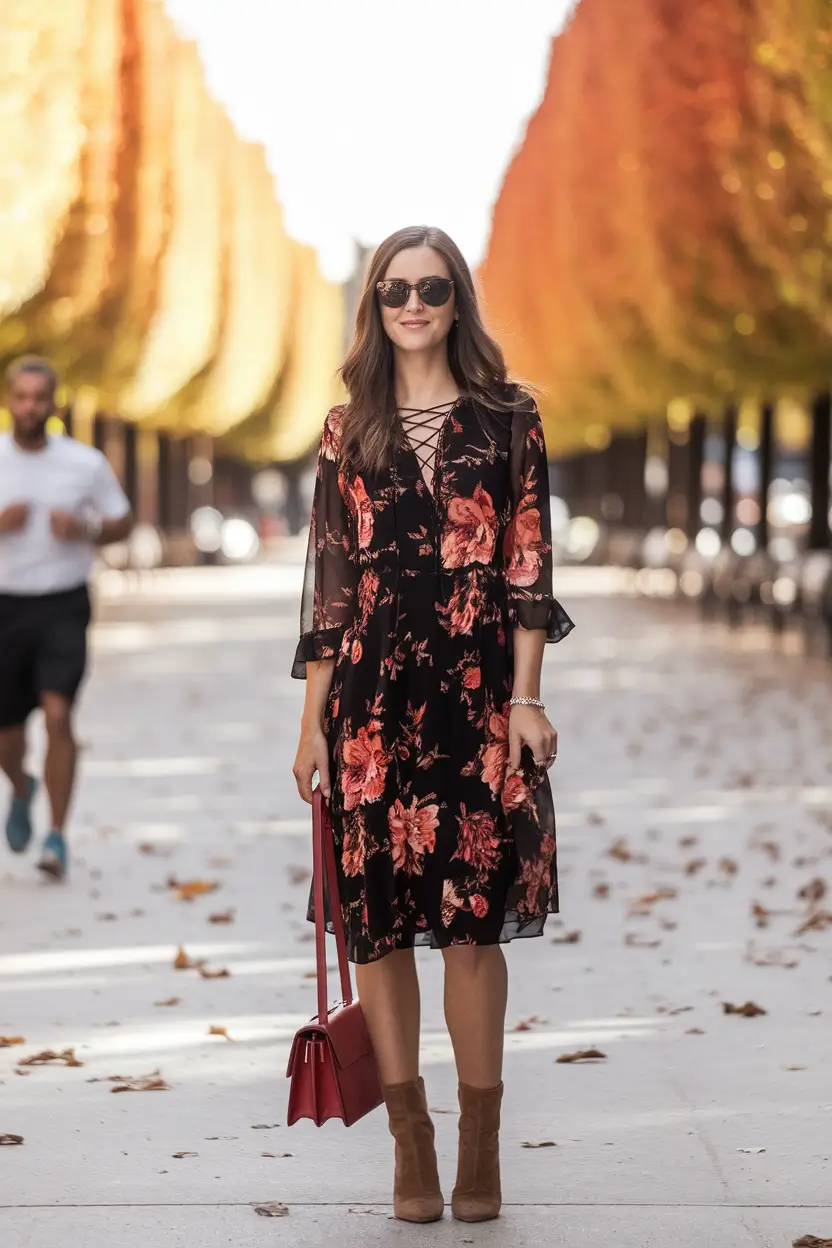 Transitional summer to fall outfits 2025 Romantic Florals and Suede Booties: The Autumn Walk Ensemble