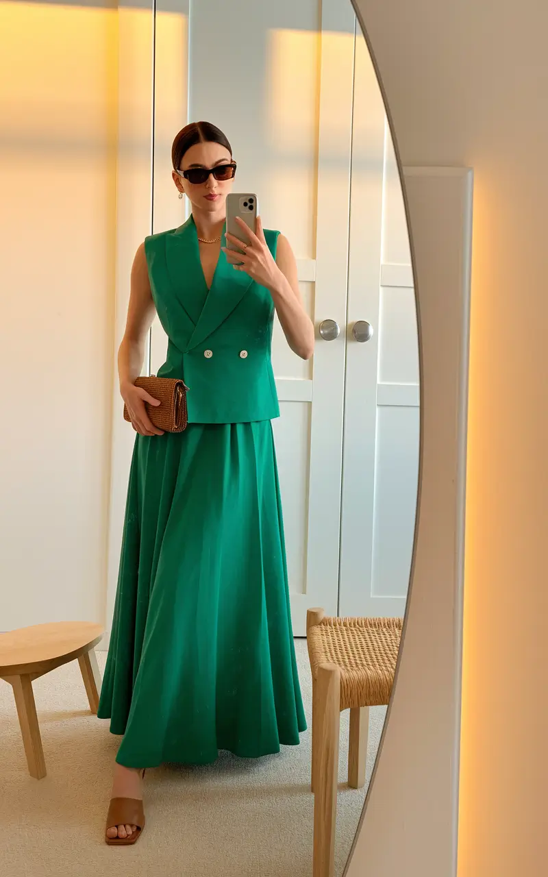 Transitional summer to fall outfits 2025+Modern Power Dressing in Emerald