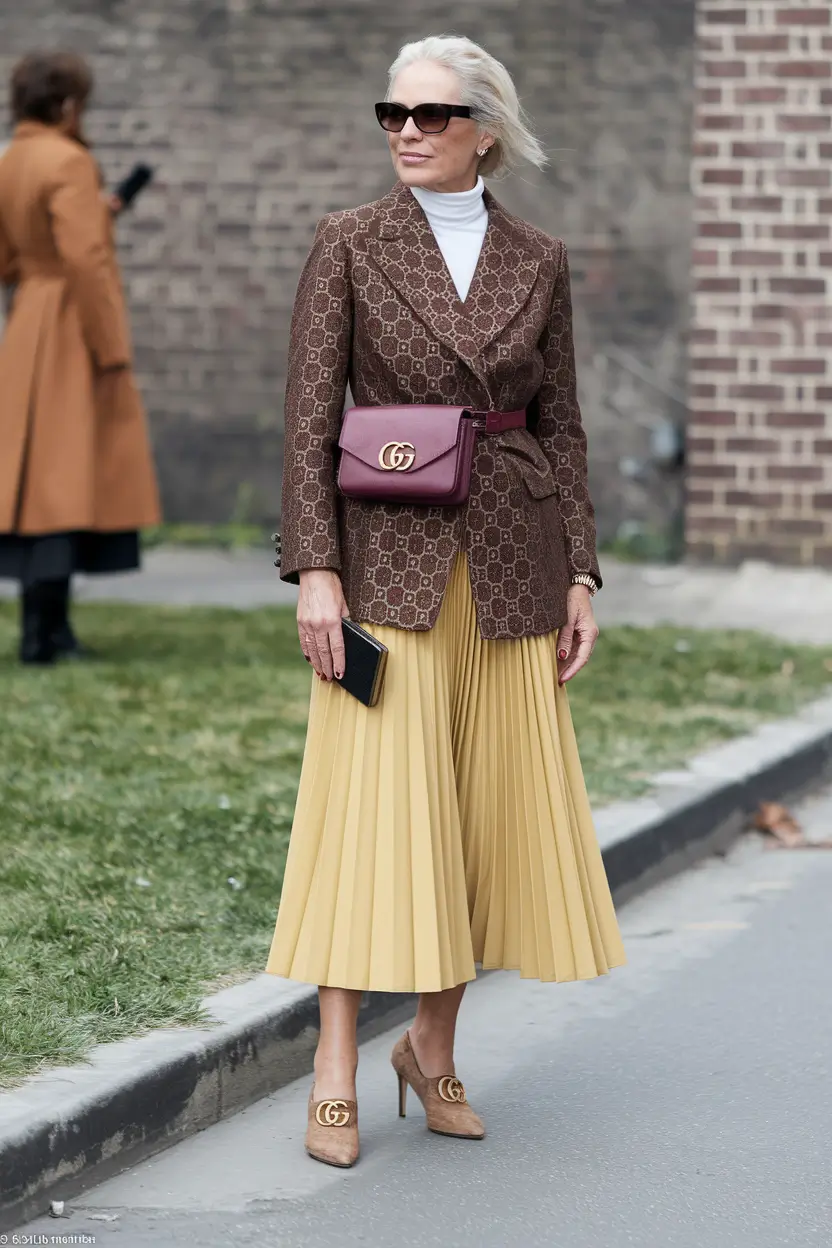 fall outfits for women over 40 Retro Glam with Modern Branding