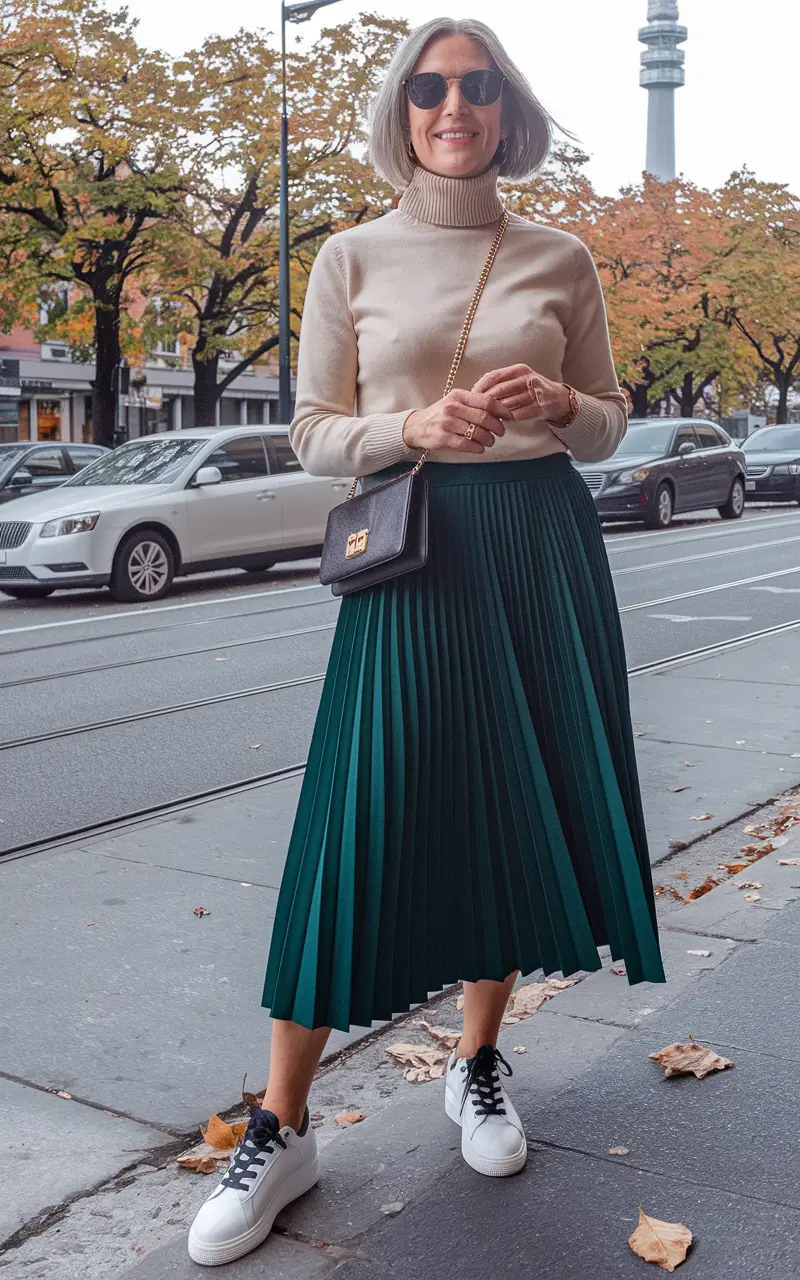 fall outfits for women over 40 Chic and Sporty in Emerald Pleats