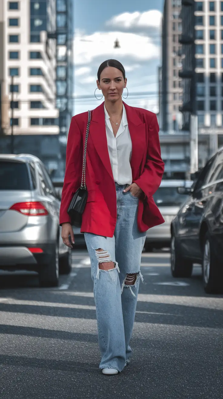 fall fashion women in 30s Ripped Denim and Blazer Rebellion