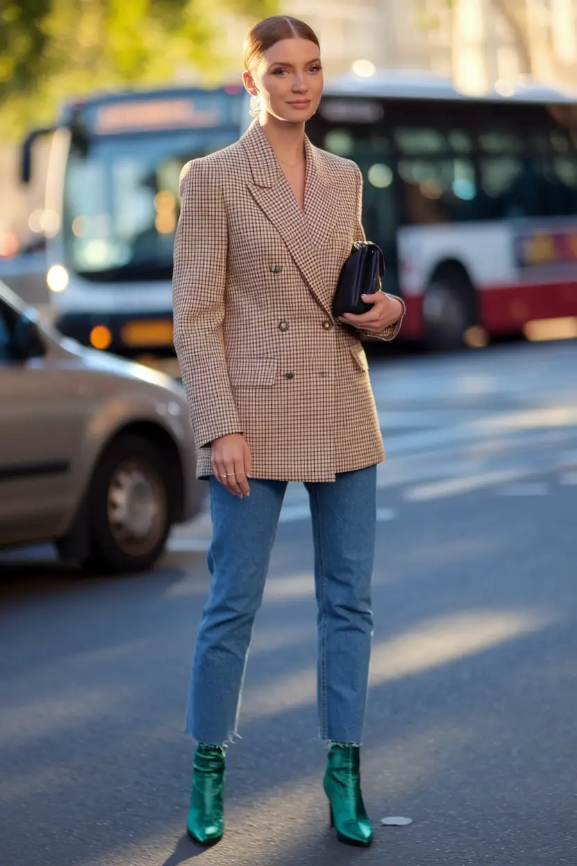 fall fashion inspo women Emerald Boots and Structured Balance