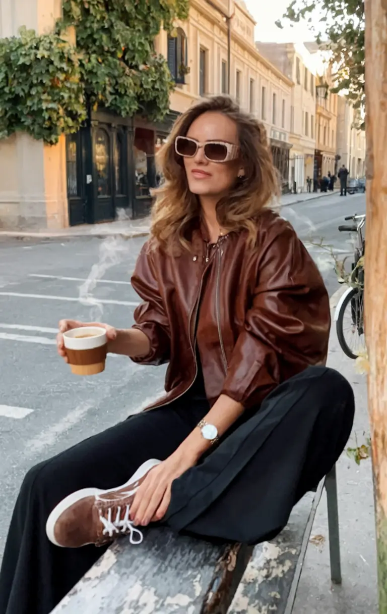fall fashion inspo women Café Leather with Parisian Ease