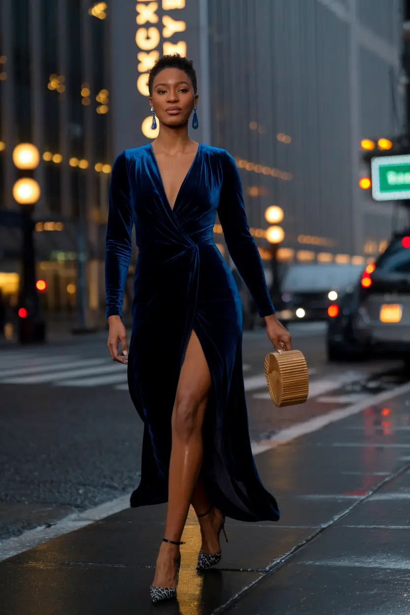 fall wedding guest dress 2025 Midnight Blue Velvet for After-Dark Drama