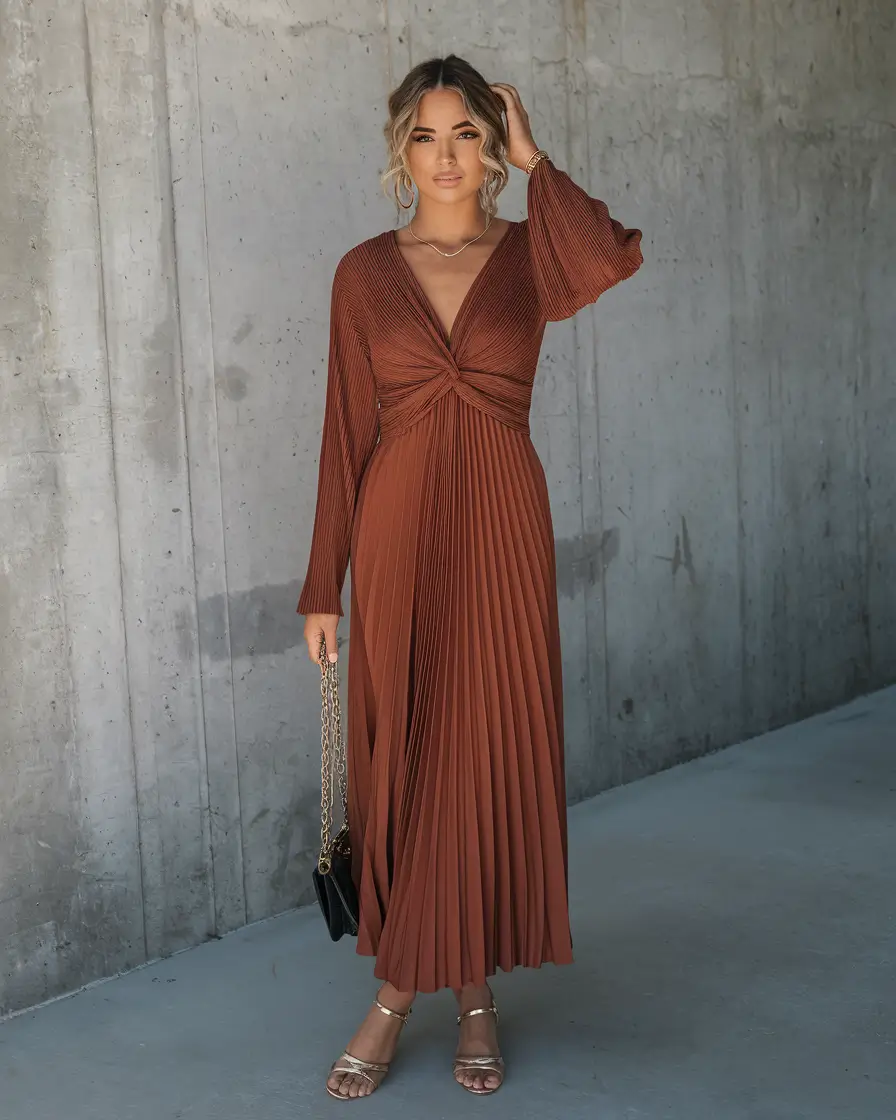 fall wedding guest dress november Earth-Toned Elegance in Pleats