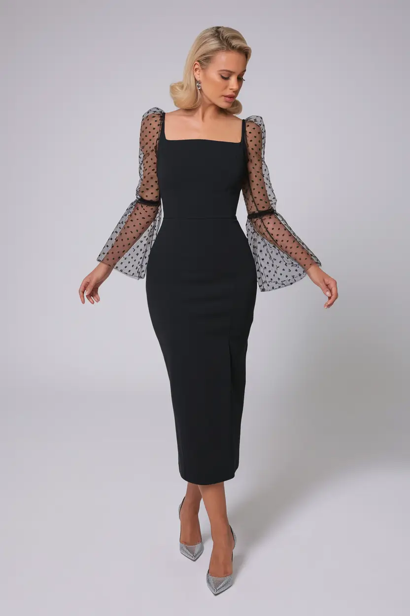 fall wedding guest dress long sleeve+Timeless Black with a Dotted Sheer Twist