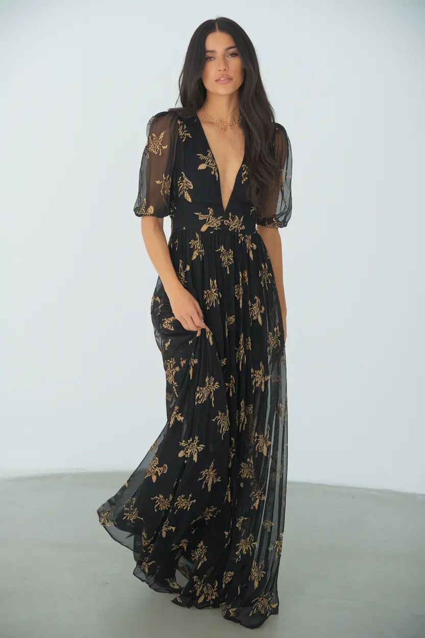 fall wedding guest dress october formal Midnight Florals with a Whimsical Edge