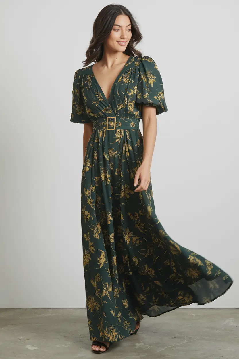 fall wedding guest dress september Green Satin and Golden Botanicals