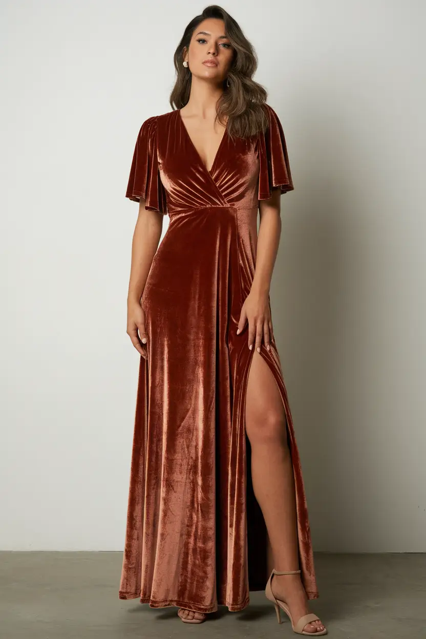 fall wedding guest dress long sleeve Velvet in Cinnamon Spice