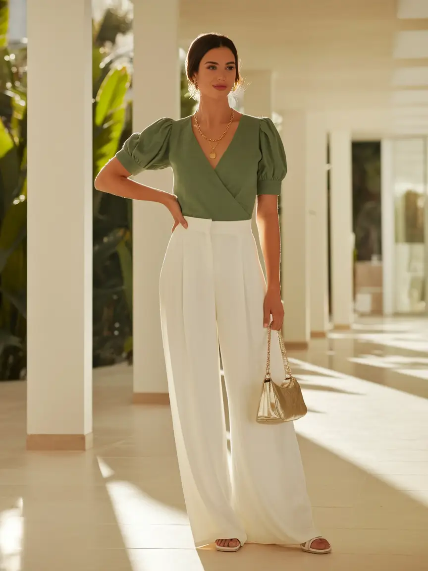 august outfits women work Soft Olive & Crisp White Combo
