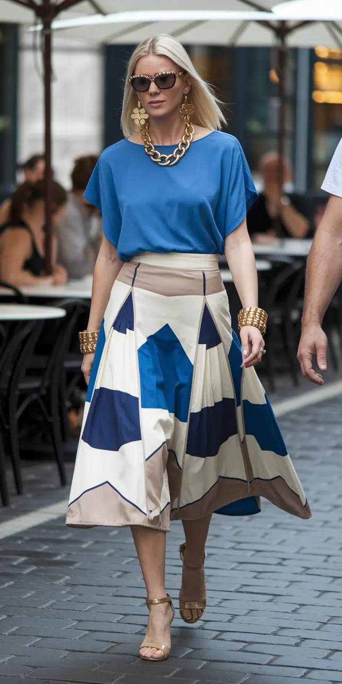 august outfits ideas Bold Blue and Geometric Skirt Drama