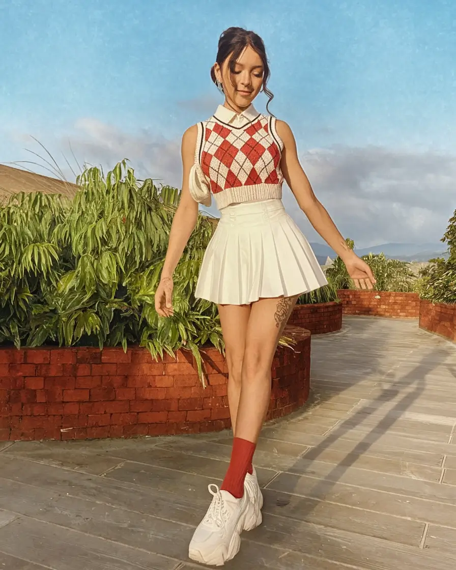 first day of school outfits 2025 Pleated Tenniscore With a Red Pop