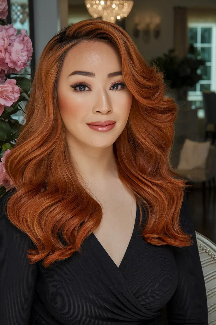 hair color warm skin tone asian+Glossy Auburn Curls for Golden-Hour Glam
