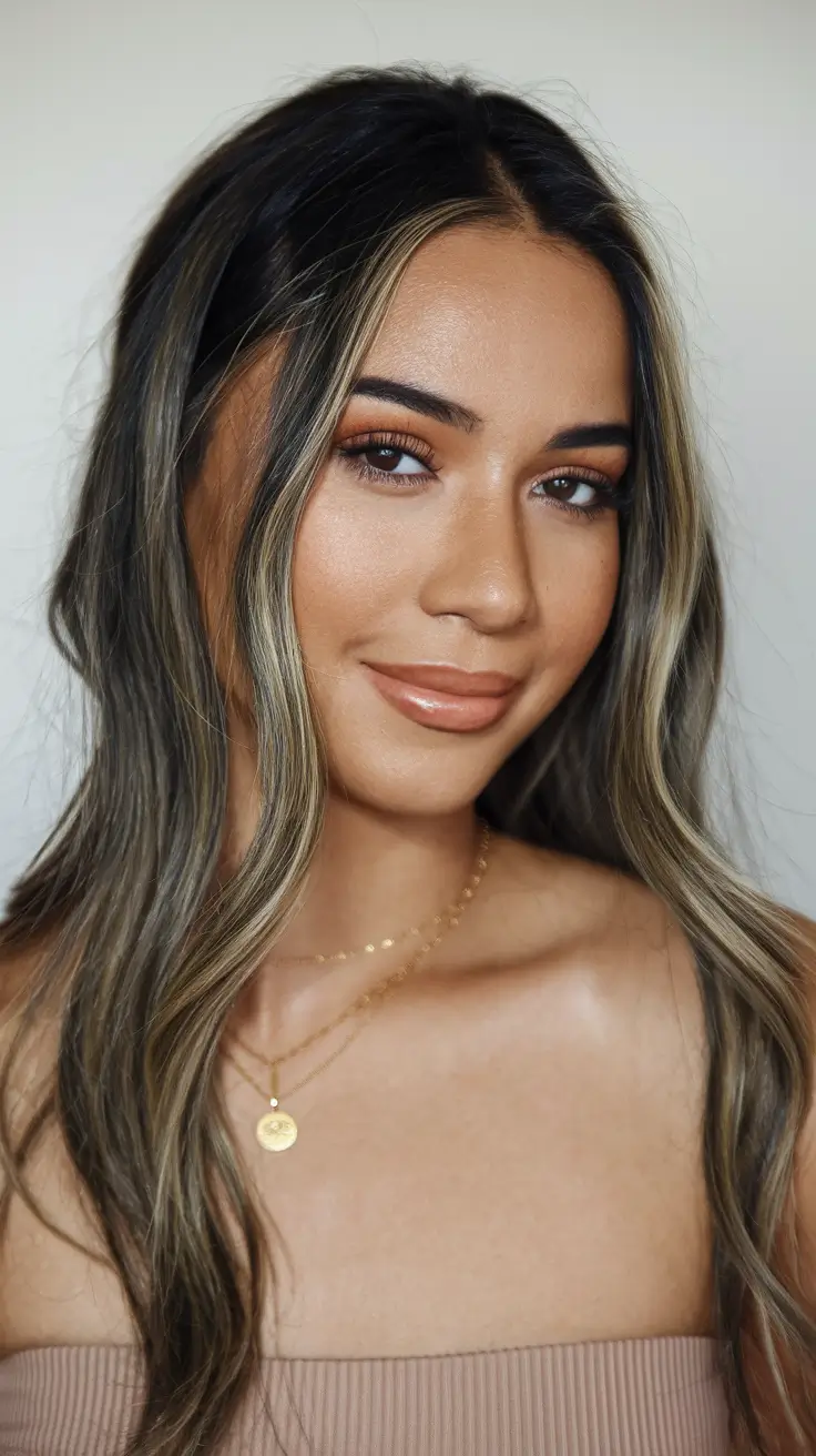 medium warm brown hair color olive skin+Face-Framing Blonde Ribbons for a Soft Lift