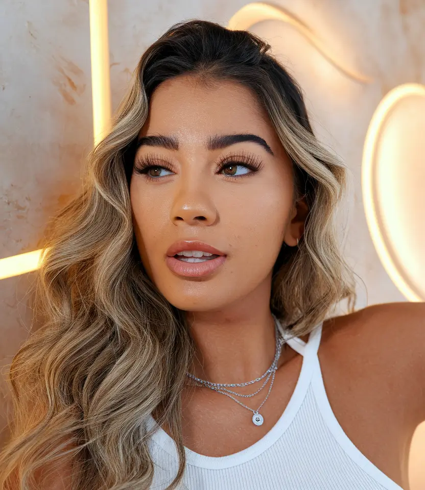 best hair color for warm skin tone and hazel eyes+Champagne Balayage for Sunlit Sophistication