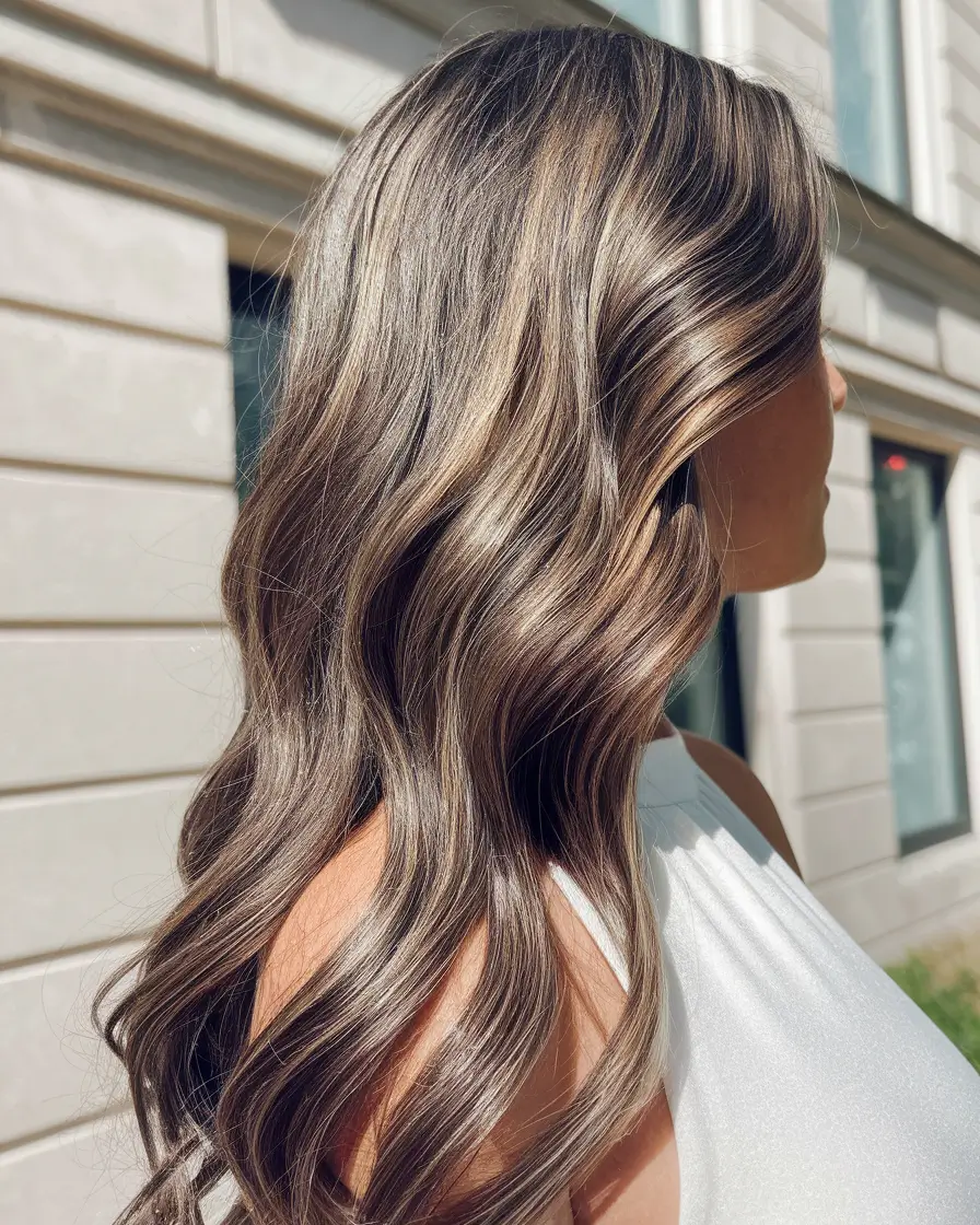 fall hairstyle for long hair Dimensional Ribbon Highlights in Sculpted Waves