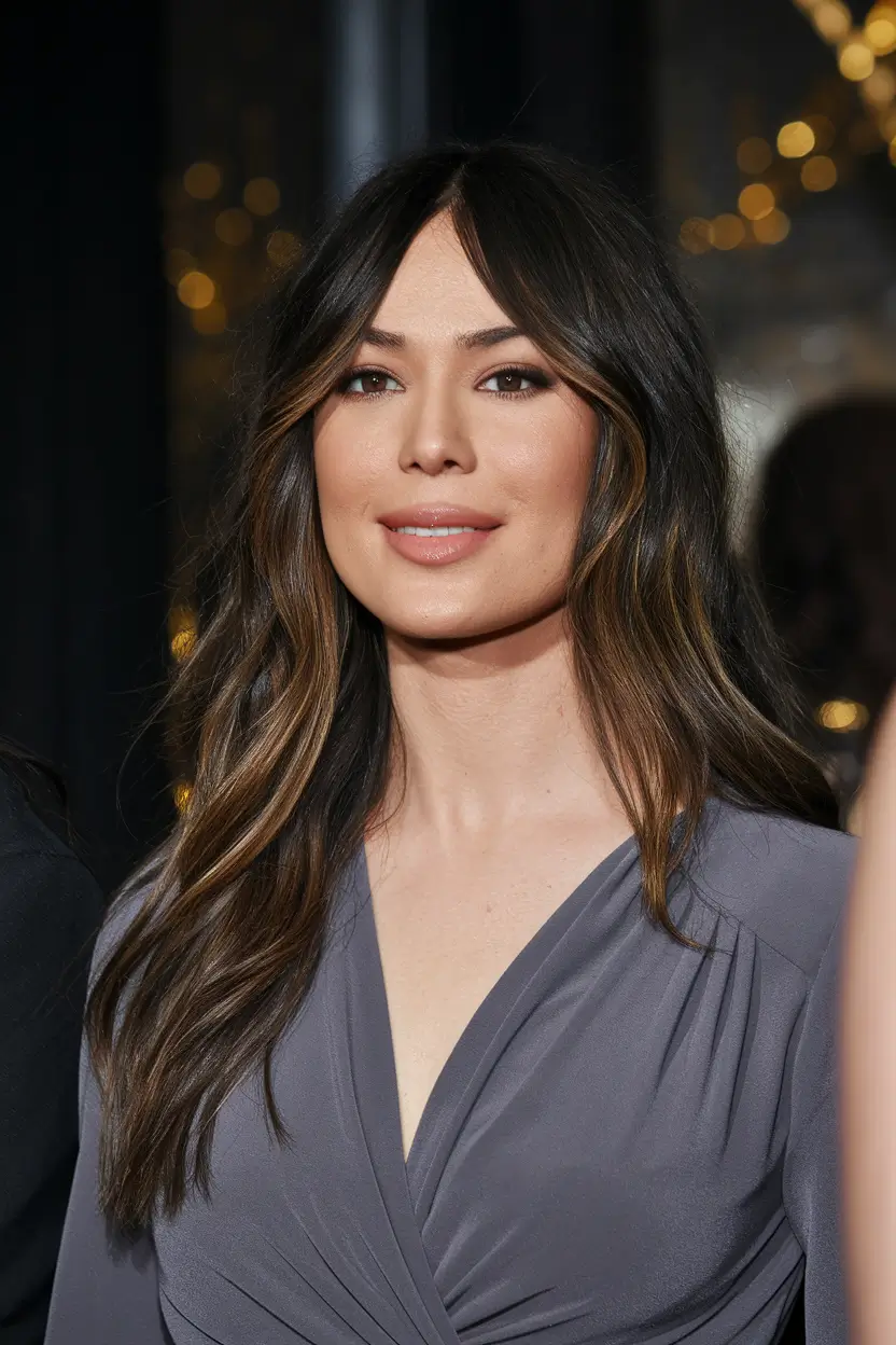 fall hairstyle for long hair Chocolate Waves with Subtle Caramel Streaks