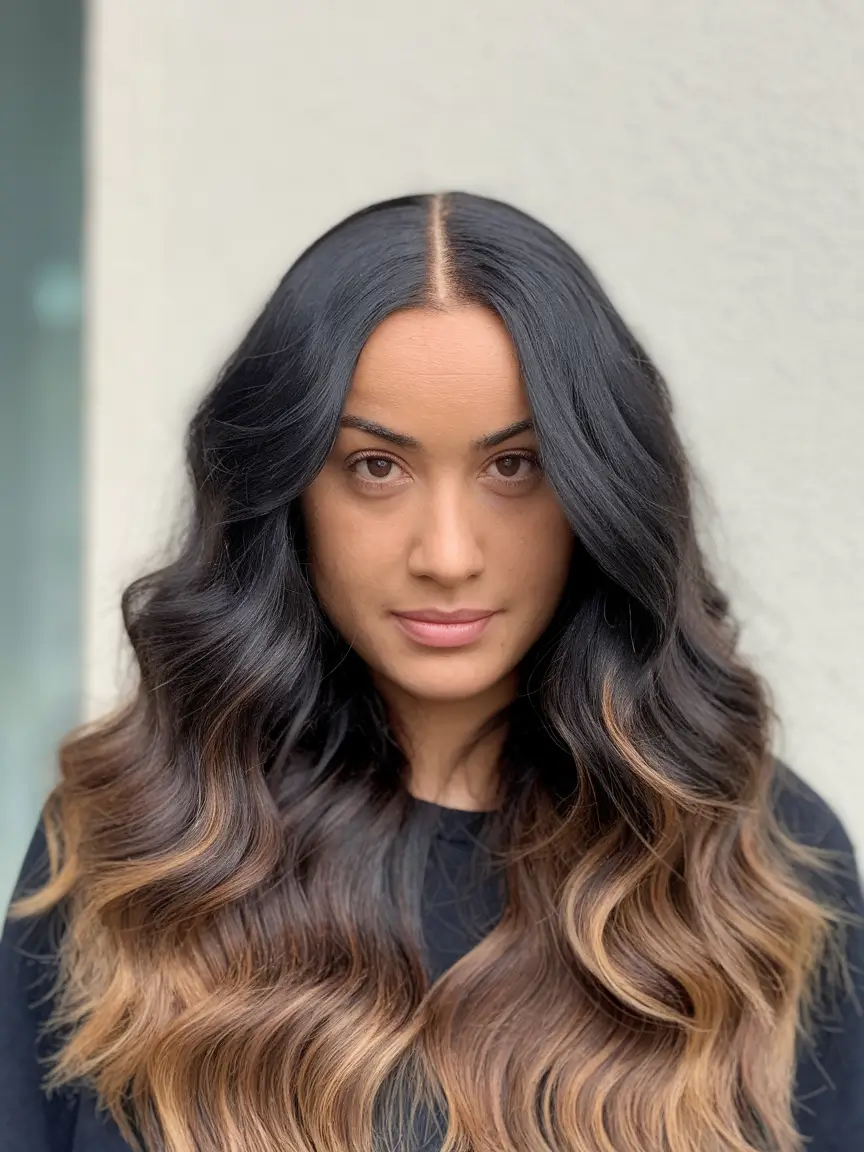 fall hairstyle for long hair Dark Waves with Golden Ombre