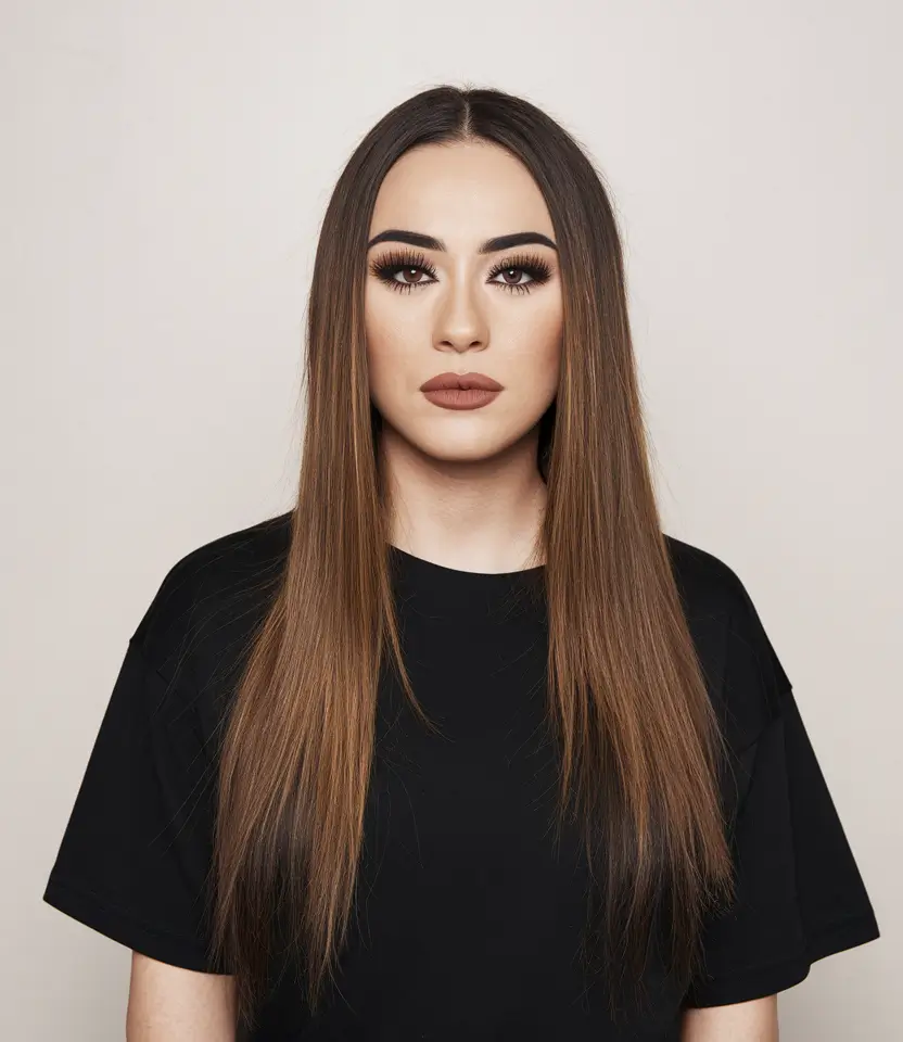 fall hairstyle for long hair Glossy Chestnut Length with a Sharp Middle Part