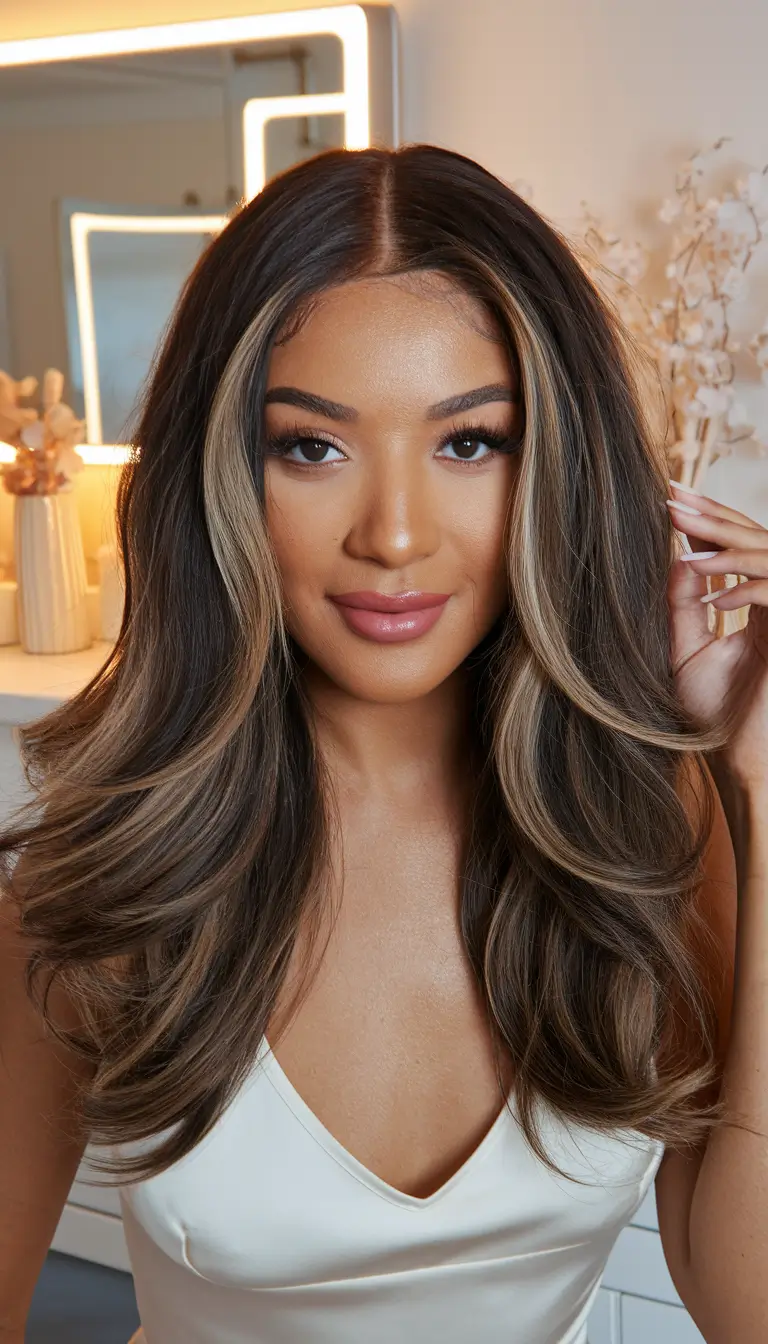 fall hairstyle for long hair Dimensional Blowout with Curtain Bangs