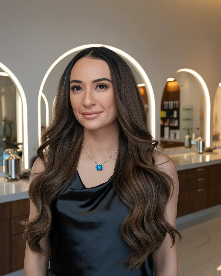fall hairstyle for long hair Glossy Cascading Waves with Deep Brown Tone