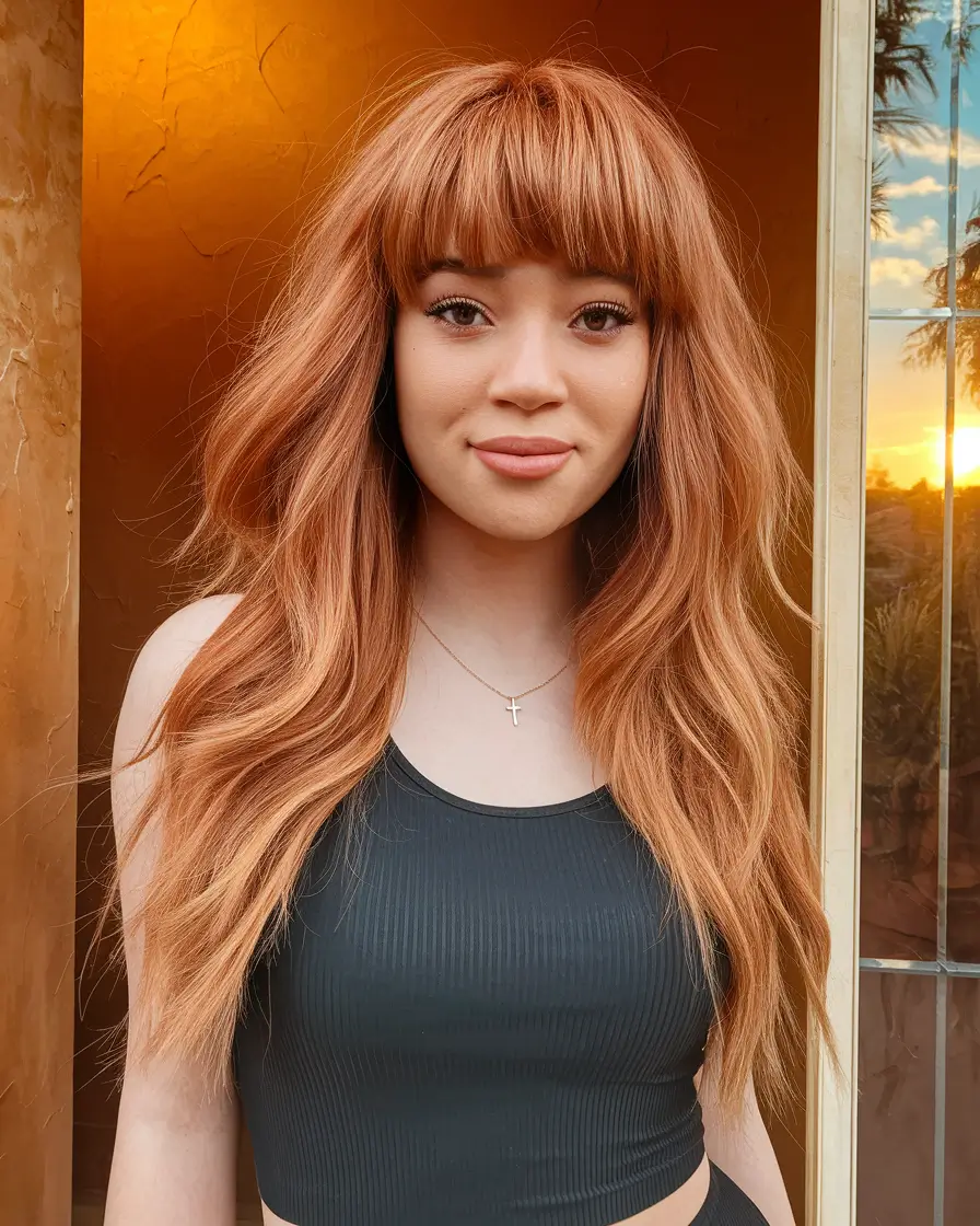 fall hairstyle for long hair Warm Copper with Full Fringe Energy