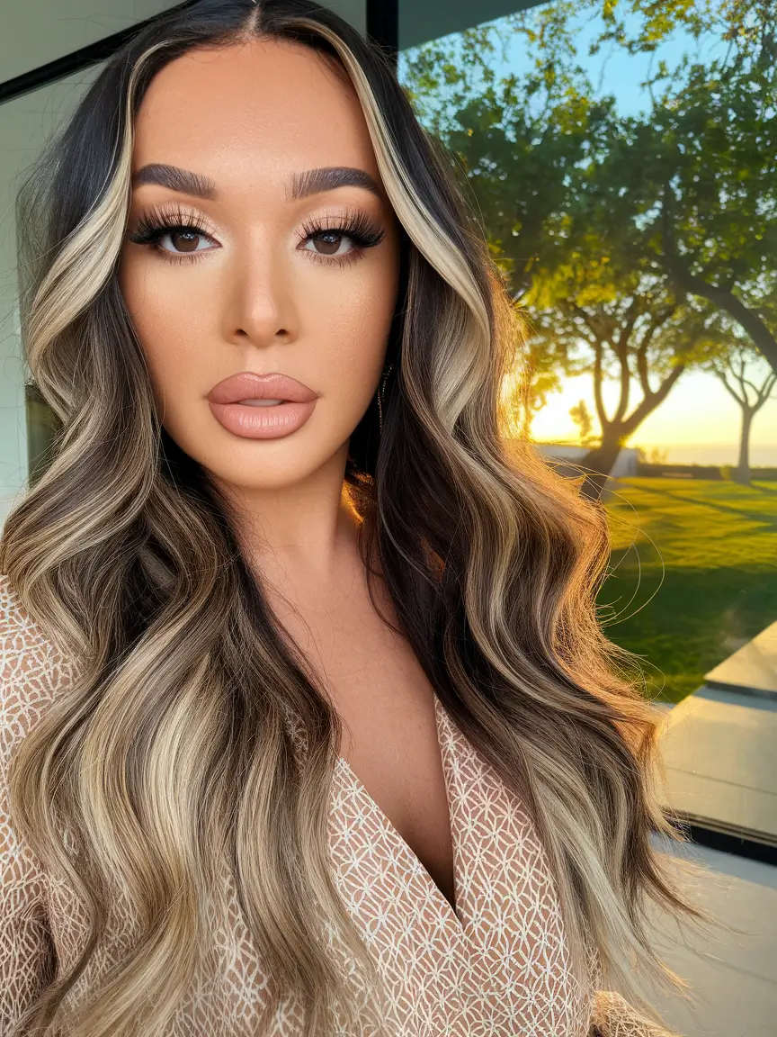 Fall haircuts women over 40 Voluminous Waves with Dimensional Blonde Highlights