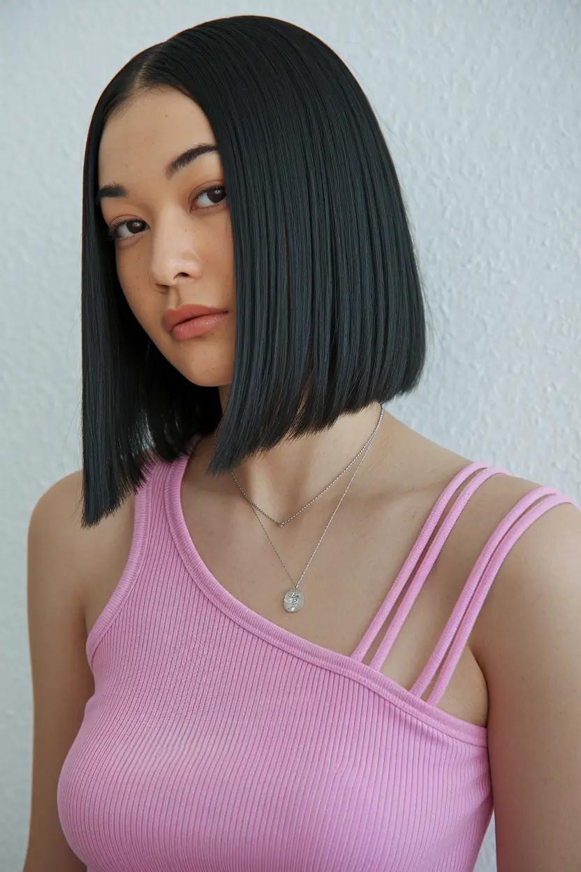 2025 hair trends Sleek Jet Black Blunt Bob