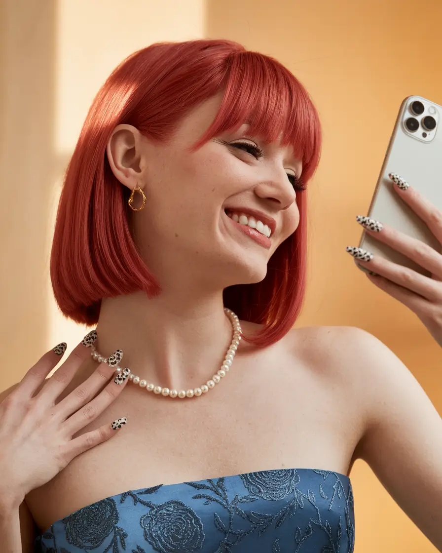 Caramel Fall Hair Colors Ideas 2025 for a Cozy Glow+Caramel Fire Bob With Bangs