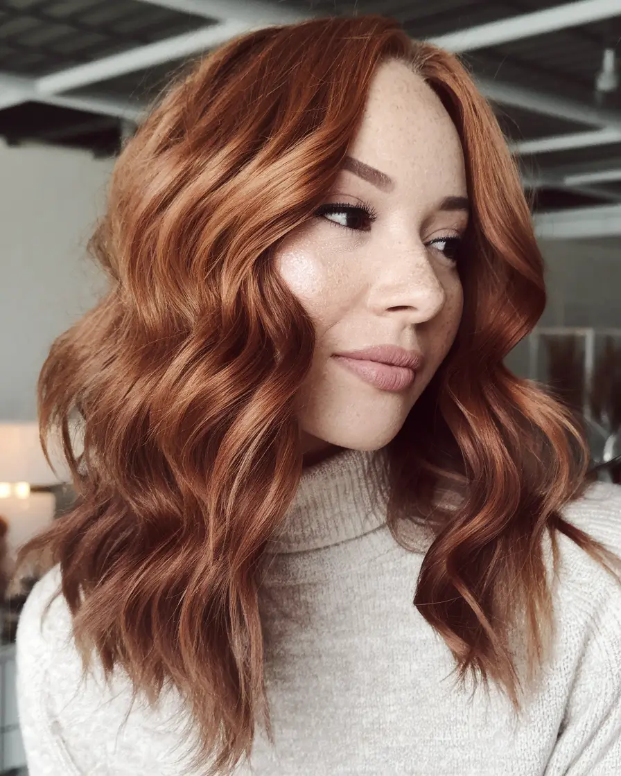 Caramel Fall Hair Colors Ideas 2025 for a Cozy Glow+Toasted Cinnamon Lob With Loose Texture
