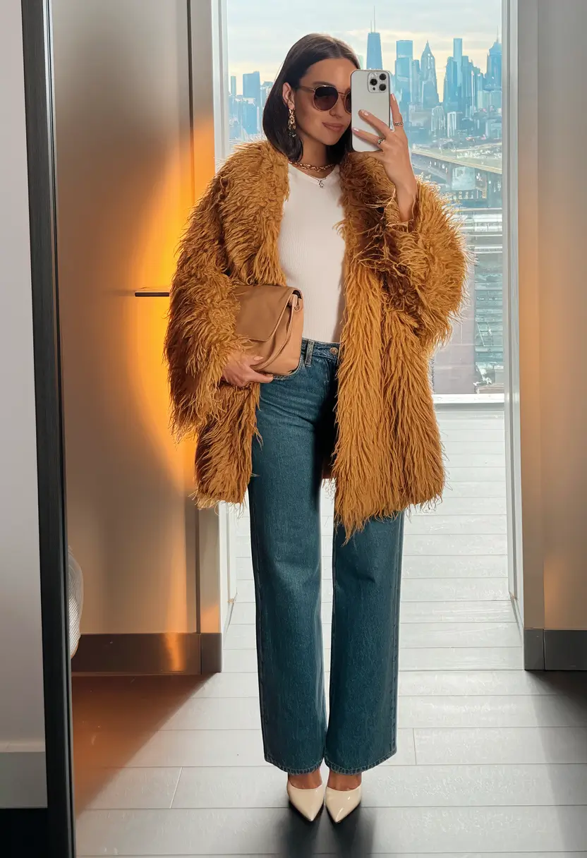 Casual and Simple outfits Inspirations for Fall 2025+Faux Fur Drama and Denim Ease