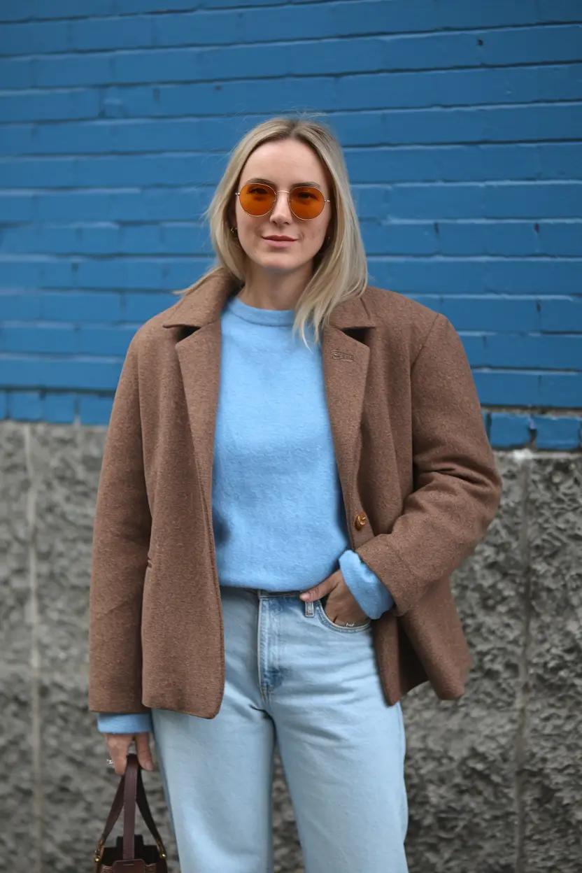 simple casual fall outfits 2025 Brown and Blue: A Color Combo That Feels Like Coffee and Sky