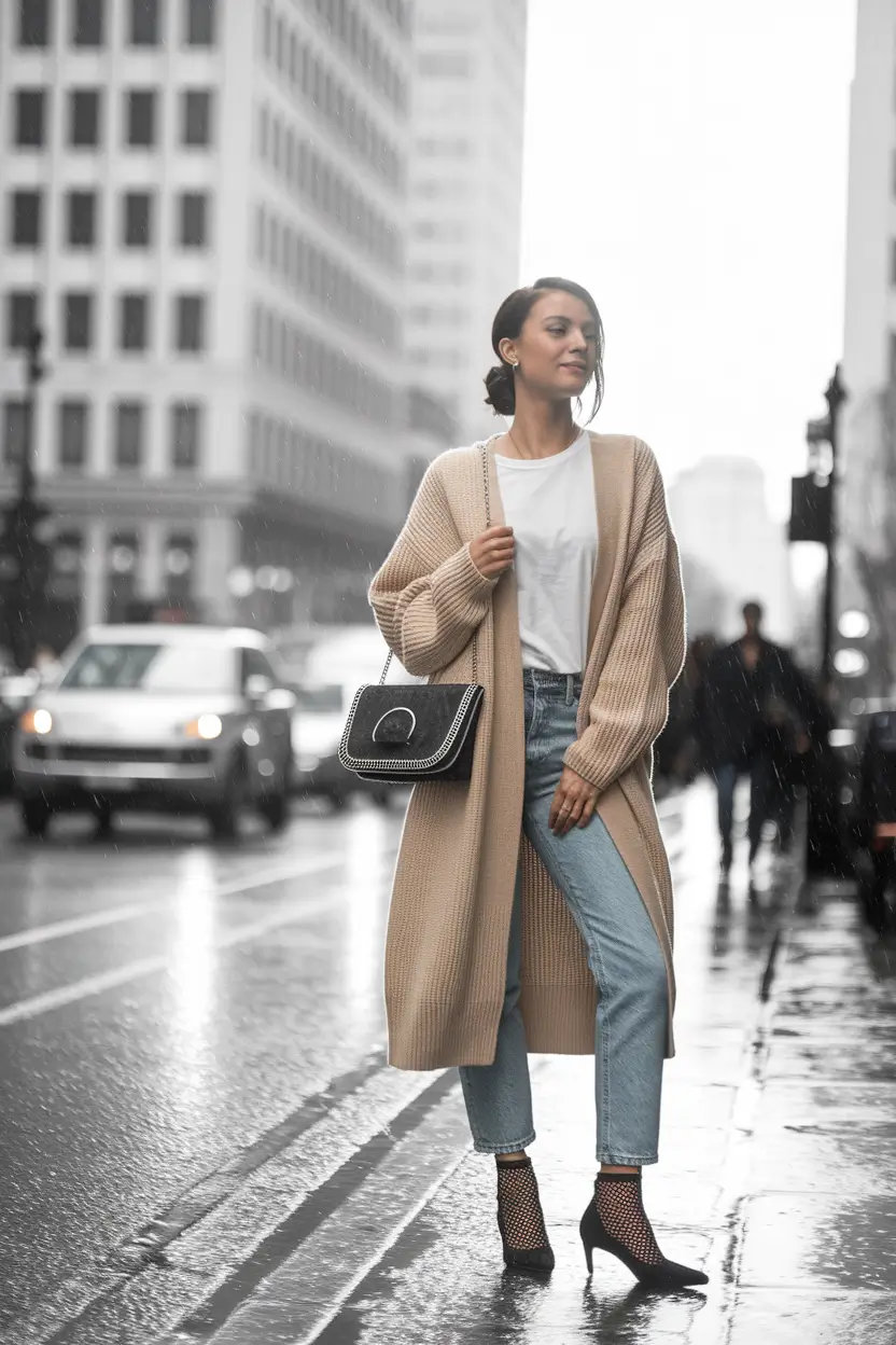 simple casual fall outfits 2025 Slouchy Cardigan & Denim on a Rainy Day