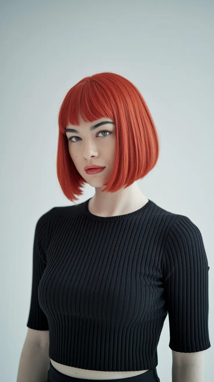 Chic Fall Bob Haircuts for 2025+Sleek Razor Bob in Fiery Red