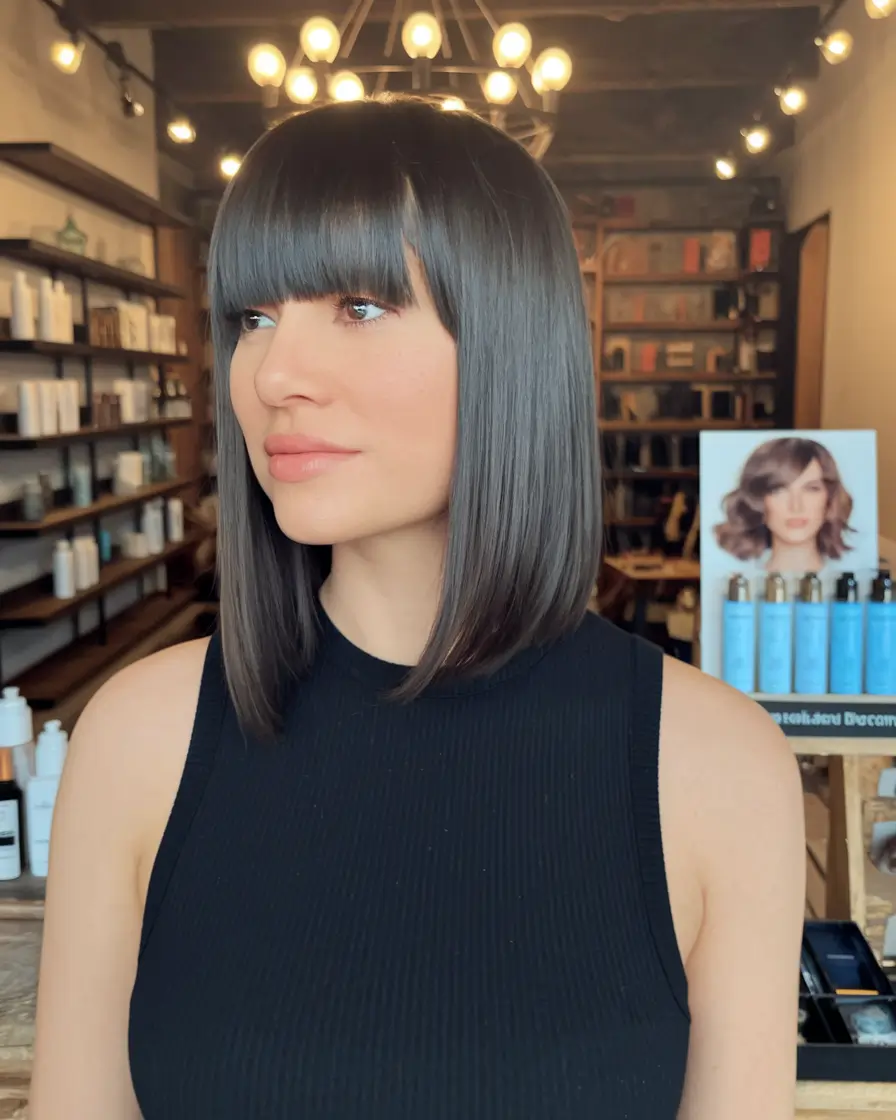 Chic Fall Bob Haircuts for 2025+Mid-Length Blunt Bob with Bold Bangs