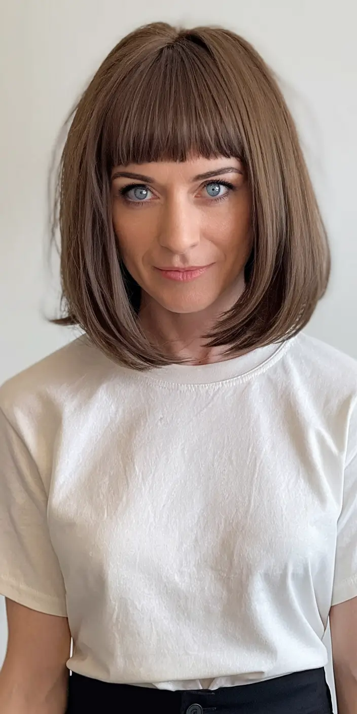 fall bob haircut Sleek and Structured with Bold Blunt Bangs