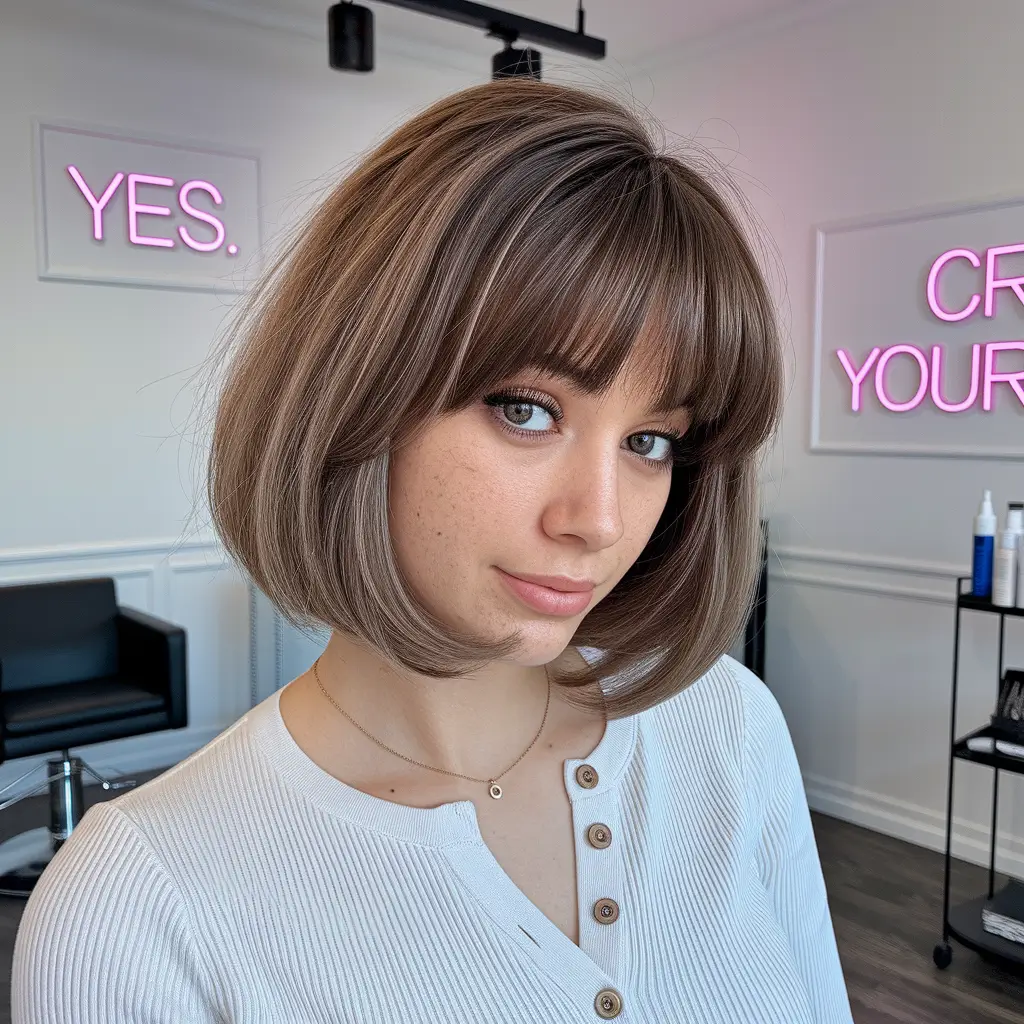 Chic Fall Bob Haircuts for 2025+Rounded Bob with Micro Bangs and Mushroom Brown