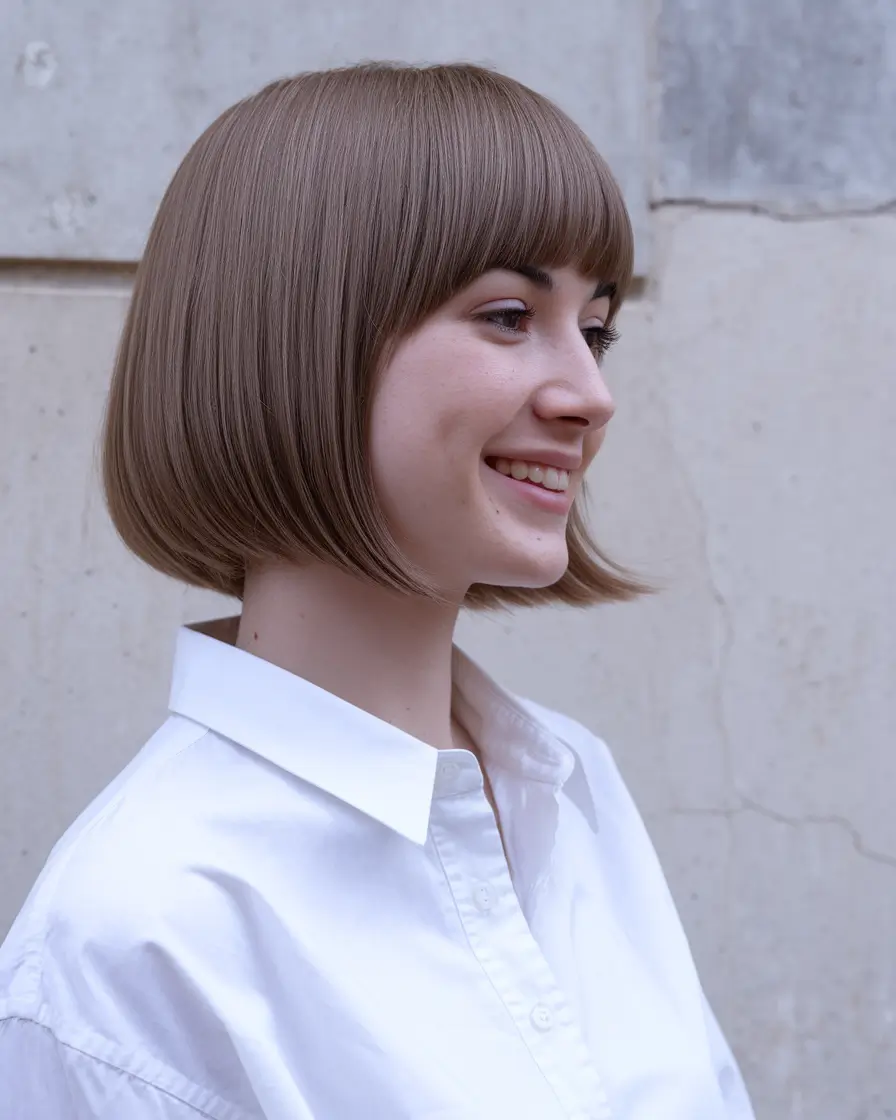 Chic Fall Bob Haircuts for 2025+Classic Rounded Bob with Baby Bangs and Taupe Brown Color