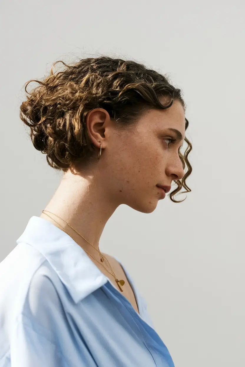 fall brown hair color with money piece curly bob