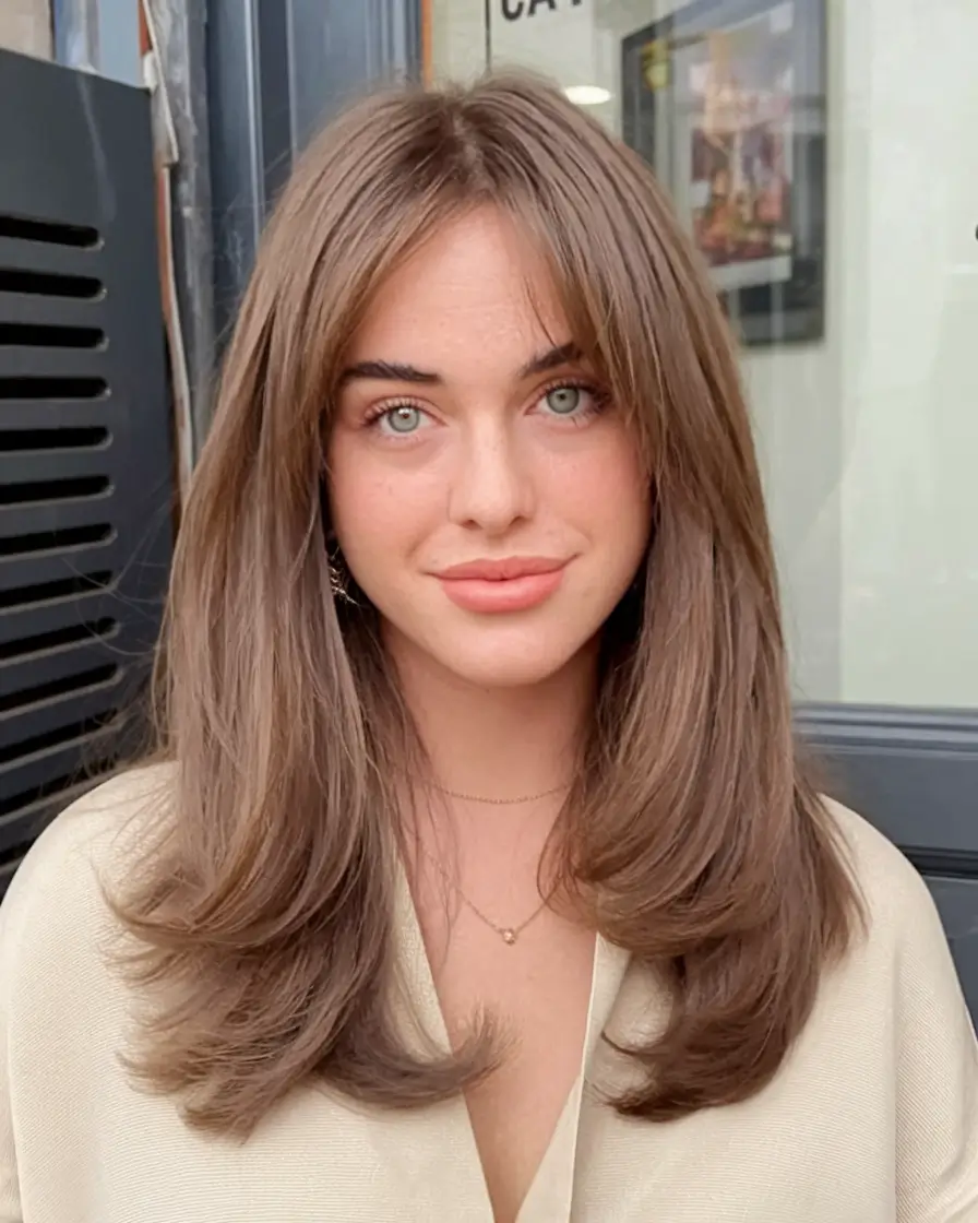 fall brown hair color 2025 mushroom brown curtain bangs