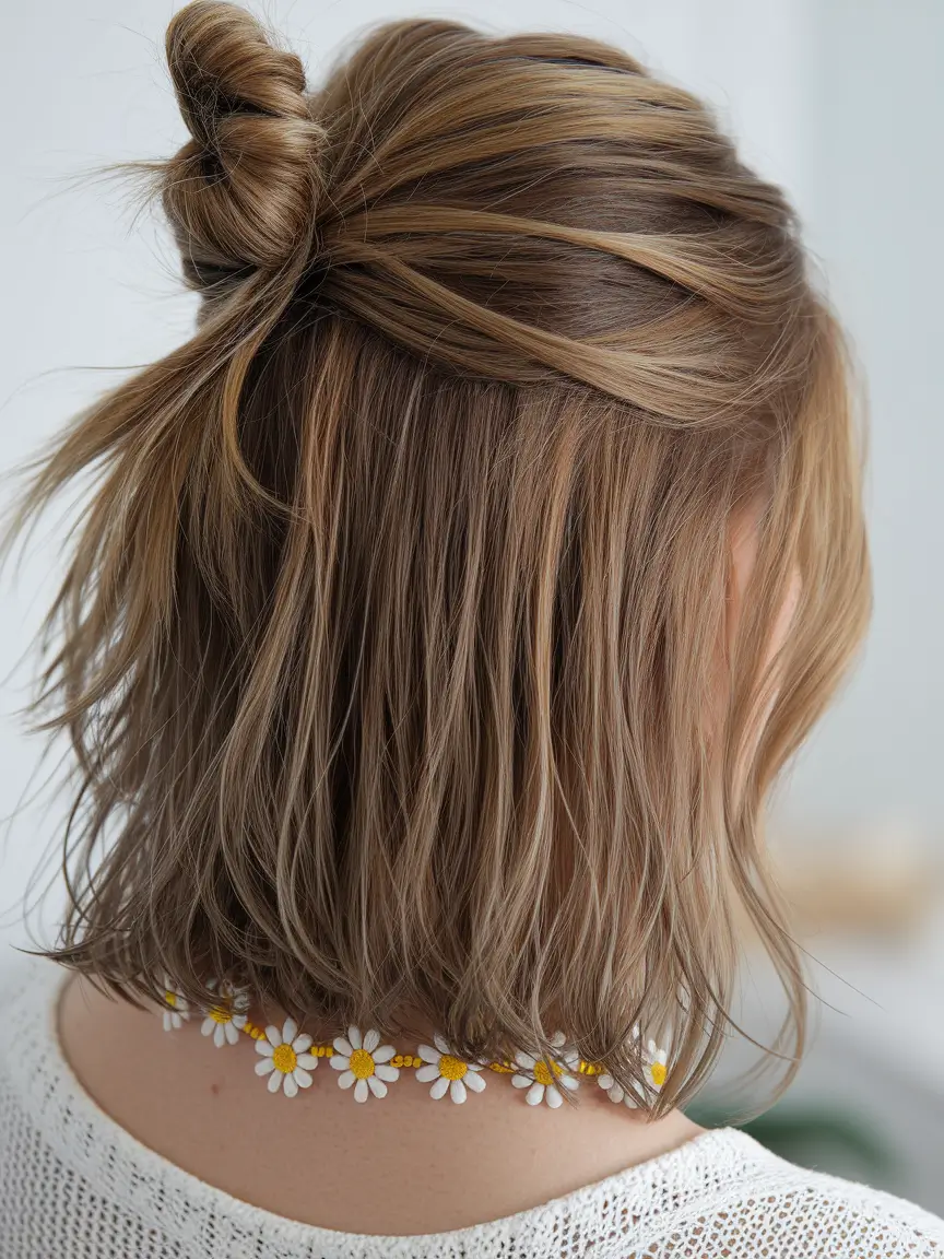 fall brown hair color brunettes short Half-Up Latte Bun with Soft Textured Ends