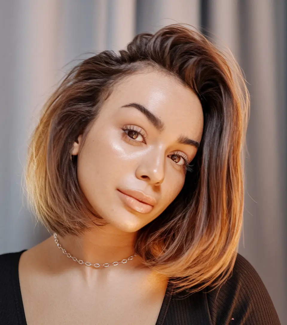 fall brown hair color with money piece Rich Honey-Bronze Bob with Dimensional Edges